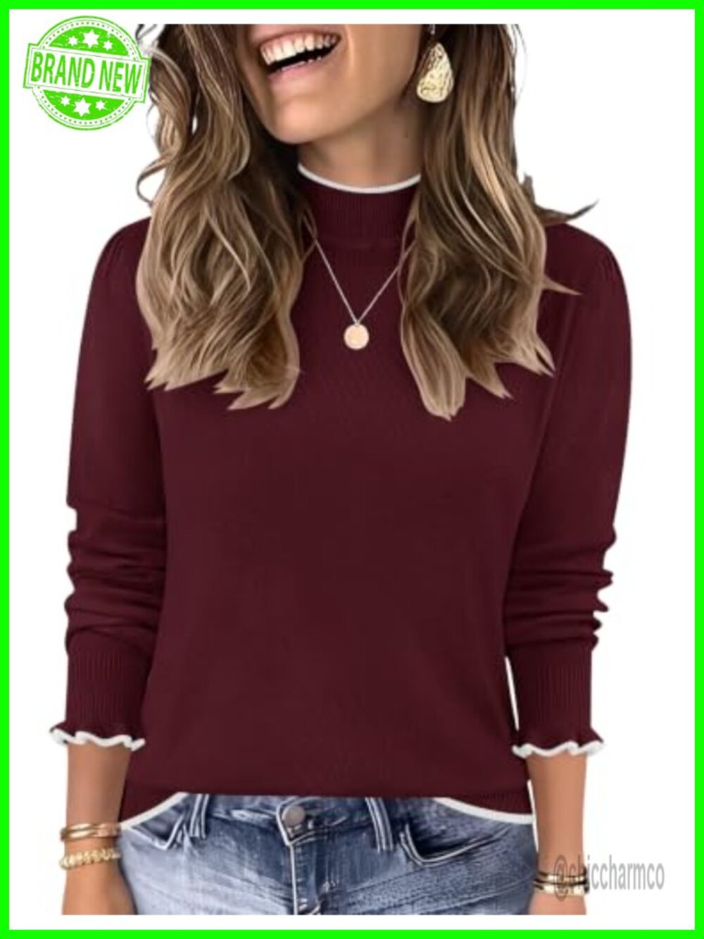 Wool Blend Mock Neck Sweater Ruffled Cuff Knit Pullover
